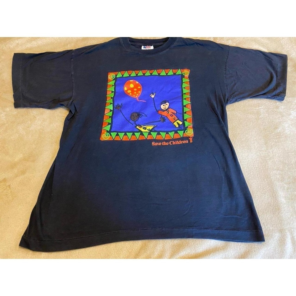 Vintage Airak Graphic T Shirt Save The Children Single Stitch XL USA Whimsi s54